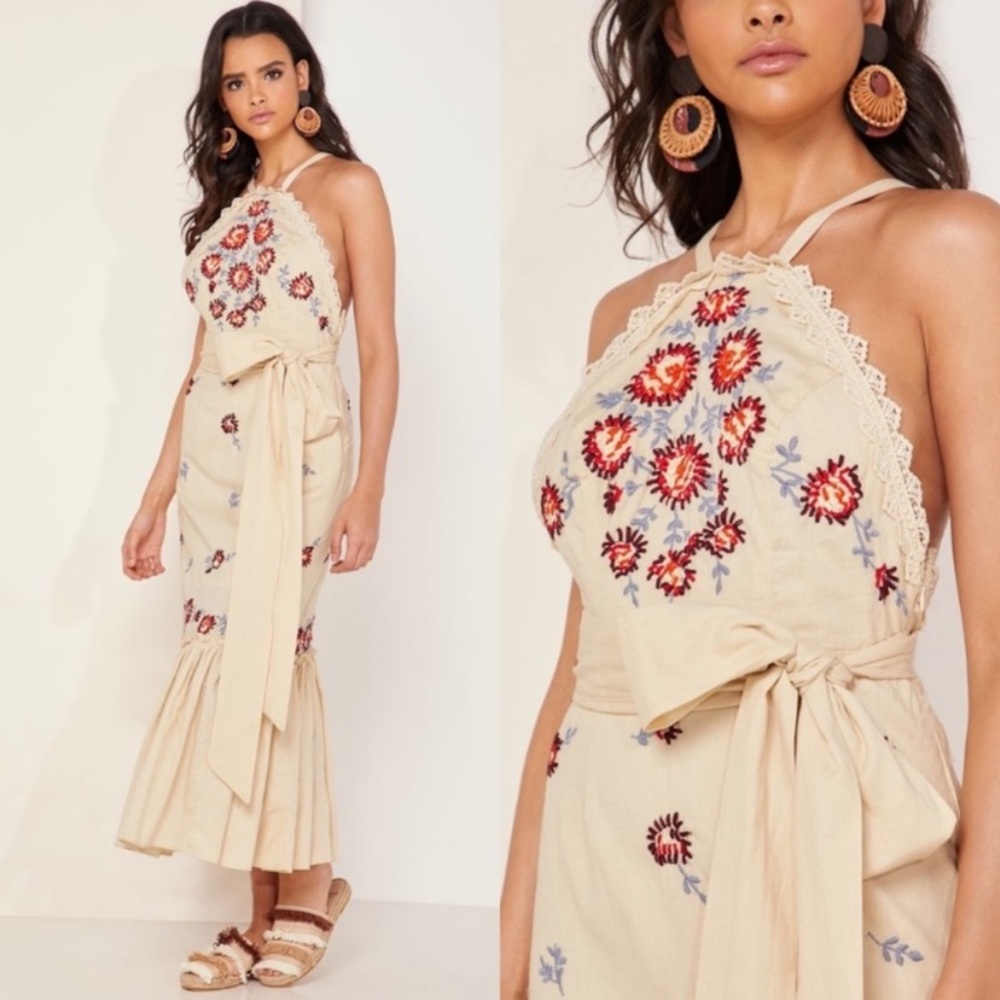 Embroidered Halter Dress with Floral Design